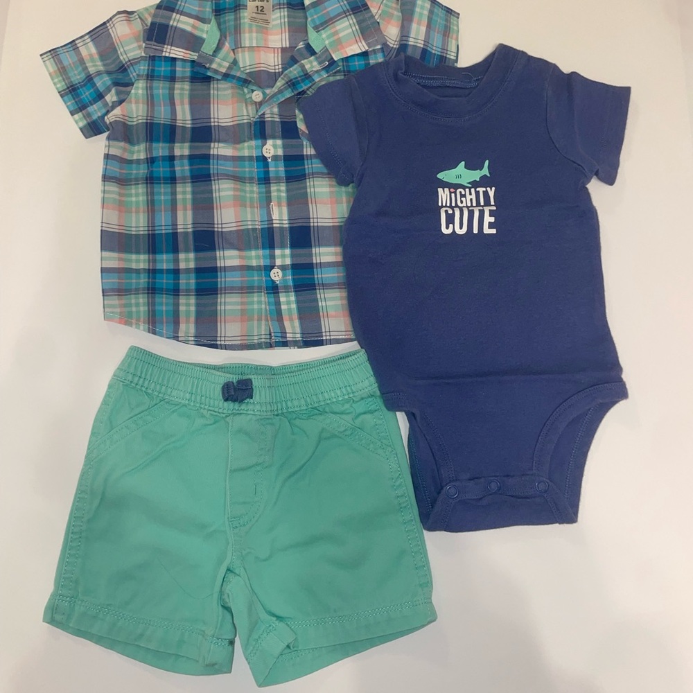 Plaid Shirt, Blue Onesie, and Green Shorts Set